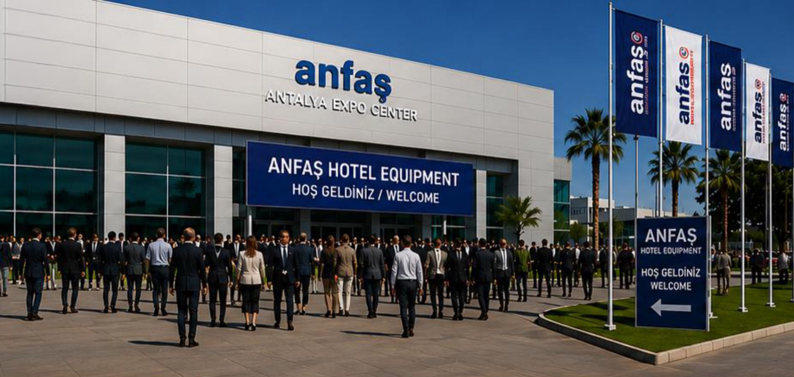 Anfaş Antalya Expo Center önünde fuar ziyaretçileri ve kurumsal bayraklar