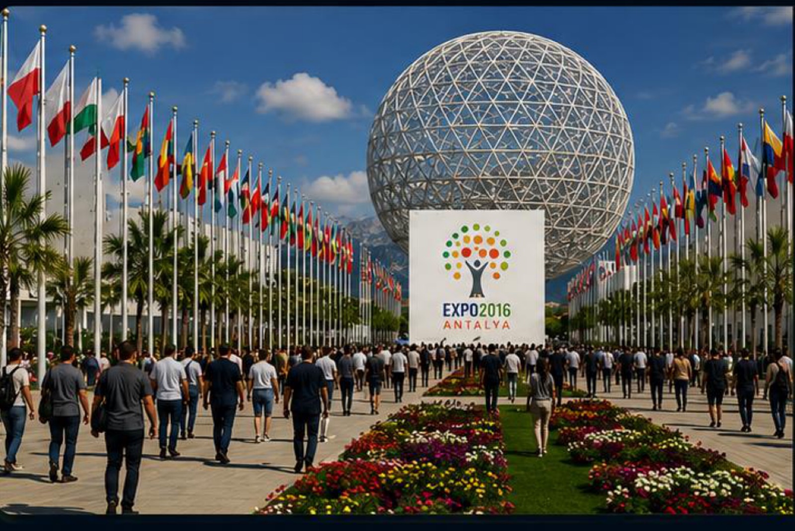 Expo 2016 Antalya — bayrak direkleri arasında küresel kule ve ziyaretçiler