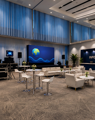 Etkinlik salonunda krem koltuklar, yuvarlak masalar ve sahne ekipmanları