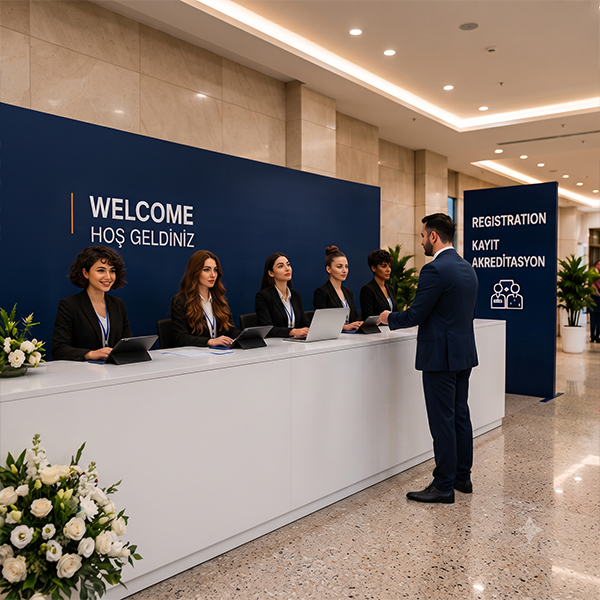 Karşılama bankosunda görevli profesyonel etkinlik personeli, WELCOME / HOŞ GELDİNİZ panosu
