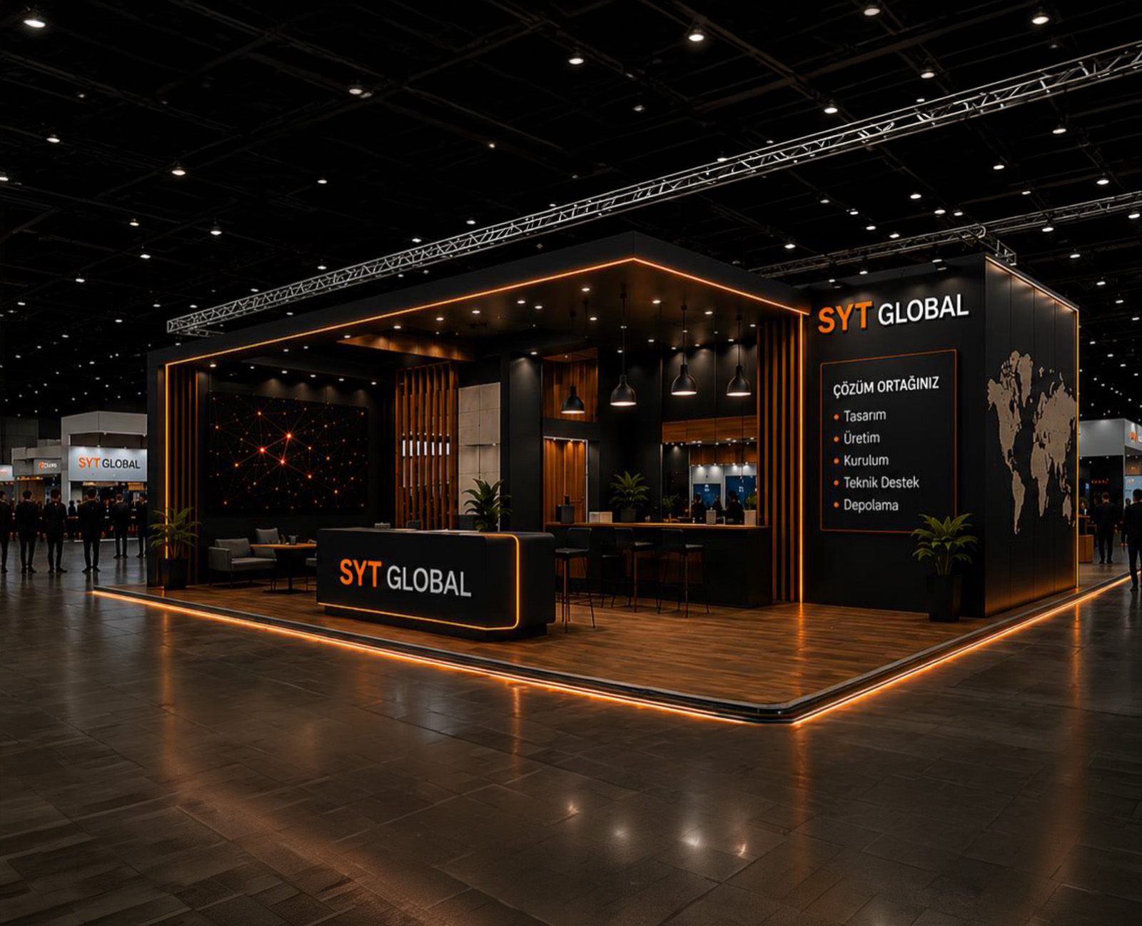 SYT Global fuar stand sistemi — ahşap ve siyah yüzeyli, turuncu LED hatlı modern stand