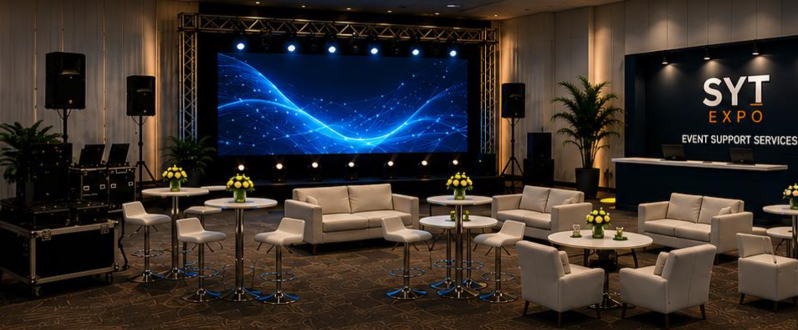 SYT Hotel Equipment Summit — LED sahne, lounge oturma grupları ve B2B görüşme alanı